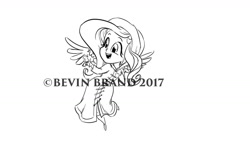 Size: 1280x785 | Tagged: safe, artist:bevin brand, imported from derpibooru, fluttershy, bird, equestria girls, clothes, coat, female, lineart, looking at something, monochrome, obtrusive watermark, official fan art, open mouth, ponied up, simple background, smiling, solo, spread wings, watermark, white background, wings