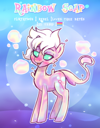 Size: 1308x1680 | Tagged: safe, artist:lilpinkghost, artist:yojohcookie, imported from derpibooru, oc, oc only, earth pony, original species, pony, soap pony, bubble, caption, cartoon, cute, female, girly, green eyes, image macro, pansexual, rainbow, reference sheet, short hair, soap, solo, text