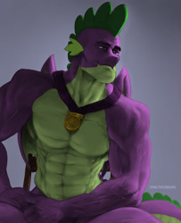 Size: 1080x1331 | Tagged: artist needed, safe, color edit, edit, imported from derpibooru, spike, dragon, the last problem, abs, buff, chad, colored, gigachad, gigachad spike, jewelry, lidded eyes, male, medal, meme, muscles, necklace, older, older spike, sitting, smiling, smirk, solo, stupid sexy spike, vein, winged spike, wings