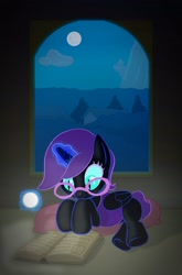 Size: 1618x2448 | Tagged: safe, artist:jovey4, imported from derpibooru, oc, oc only, oc:nyx, alicorn, pony, book, clothes, cloud, female, filly, full moon, glasses, light, magic, moon, mountain, nightmare eyes, reading, solo, vest, window