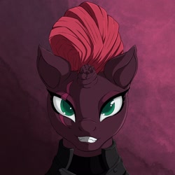 Size: 2048x2048 | Tagged: safe, artist:taiggerrock, imported from derpibooru, tempest shadow, pony, unicorn, armor, broken horn, digital art, female, glare, grin, horn, looking at you, mare, scar, scared, shadow, simple background, smiling, smug, solo