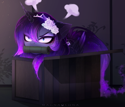 Size: 4666x4018 | Tagged: safe, artist:magnaluna, imported from derpibooru, princess luna, alicorn, pony, bit gag, crown, cute, daaaaaaaaaaaw, dark, demon slayer, female, gag, jewelry, kimetsu no yaiba, lunabetes, magnaluna is trying to murder us, mare, nezuko kamado, parody, regalia, scene parody, solo, weapons-grade cute