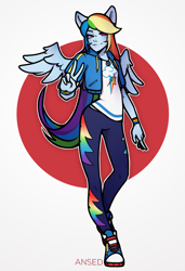 Size: 1400x2050 | Tagged: safe, artist:ansed67, imported from derpibooru, rainbow dash, human, equestria girls, equestria girls series, clothes, converse, eared humanization, female, hoodie, humanized, jewelry, looking at you, necklace, peace sign, pony coloring, shirt, shoes, simple background, smiling, sneakers, solo, white background, winged humanization, wings