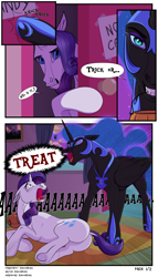 Size: 2200x3850 | Tagged: safe, artist:f0rever13, artist:moonhoek, imported from derpibooru, nightmare moon, rarity, alicorn, pony, unicorn, colored sketch, comic, commission, dialogue, digital art, fangs, fear, female, halloween, high res, hoers, holiday, hoof shoes, jewelry, laying on floor, looking at each other, looking at you, lying on the floor, mare, nightmare eyes, nightmare night, on side, open mouth, regalia, scared, screaming, side, text, trick or treat, ych result