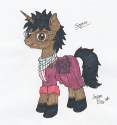 Size: 1687x1798 | Tagged: safe, artist:serenepony, imported from derpibooru, oc, oc:serene tone, pony, unicorn, clothes, glasses, jacket, male, satchel, simple background, solo, stallion, tales of equestria, traditional art, tube scarf