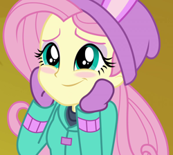 Size: 1208x1080 | Tagged: safe, imported from derpibooru, screencap, fluttershy, equestria girls, equestria girls series, holidays unwrapped, spoiler:eqg series (season 2), blizzard or bust, blushing, clothes, cropped, cute, female, fluttershy's winter hat, hat, mittens, shyabetes, solo, winter outfit