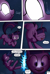 Size: 1920x2816 | Tagged: safe, artist:shieltar, imported from derpibooru, part of a set, twilight sparkle, pony, unicorn, comic:giant twilight, butt, comic, cute, dialogue, female, giant pony, giantess, glowing eyes, macro, mare, nom, part of a series, plot, pony bigger than a planet, pony bigger than a solar system, pony bigger than a star, signature, solar system, solo, space, teleportation, twiabetes, unicorn twilight