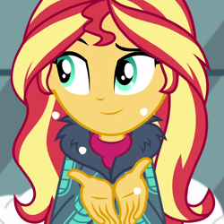 Size: 1080x1080 | Tagged: safe, imported from derpibooru, screencap, sunset shimmer, equestria girls, equestria girls series, holidays unwrapped, spoiler:eqg series (season 2), blizzard or bust, clothes, cropped, cute, fake snow, female, jacket, shimmerbetes, solo, winter outfit