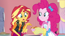 Size: 1920x1080 | Tagged: safe, imported from derpibooru, screencap, pinkie pie, sunset shimmer, equestria girls, equestria girls series, holidays unwrapped, spoiler:eqg series (season 2), duo, duo female, female, geode of empathy, kitchen, magical geodes, oven mitts, ramekin, saving pinkie's pie, souffle