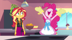 Size: 1920x1080 | Tagged: safe, imported from derpibooru, screencap, pinkie pie, sunset shimmer, equestria girls, equestria girls series, holidays unwrapped, spoiler:eqg series (season 2), apron, armpits, arms in the air, clothes, female, geode of empathy, magical geodes, nose in the air, saving pinkie's pie, volumetric mouth