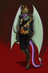 Size: 332x499 | Tagged: safe, artist:lullabyjak, imported from derpibooru, spike, anthro, digitigrade anthro, dragon, clothes, male, oddworld: stranger's wrath, solo, winged spike, wings