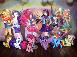 Size: 2048x1536 | Tagged: safe, edit, imported from derpibooru, kotobukiya, applejack, fluttershy, pinkie pie, rainbow dash, rarity, twilight sparkle, twilight sparkle (alicorn), alicorn, earth pony, human, pegasus, pony, unicorn, anime, book, boots, clothes, cowboy boots, cowboy hat, denim skirt, dress, female, glasses, goggles, hat, human ponidox, humanized, i can't believe it's not sci-twi, irl, looking at you, mane six, mare, merchandise, photo, pleated skirt, self paradox, self ponidox, shoes, shorts, side slit, skirt, smiling