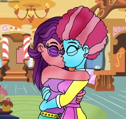 Size: 920x868 | Tagged: safe, artist:rdj1995, imported from derpibooru, cup cake, spoiled rich, equestria girls, eyes closed, eyeshadow, female, hug, infidelity, kissing, lesbian, makeup, shipping, spoiledcake, sugarcube corner