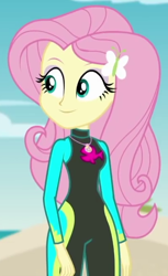 Size: 404x658 | Tagged: safe, imported from derpibooru, screencap, fluttershy, aww... baby turtles, equestria girls, equestria girls series, clothes, cropped, cute, female, fluttershy's wetsuit, geode of fauna, hairpin, magical geodes, shyabetes, solo, swimsuit, wetsuit