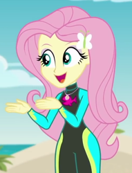 Size: 502x656 | Tagged: safe, imported from derpibooru, screencap, fluttershy, aww... baby turtles, equestria girls, equestria girls series, clothes, cropped, cute, female, fluttershy's wetsuit, geode of fauna, hairpin, magical geodes, shyabetes, solo, swimsuit, wetsuit