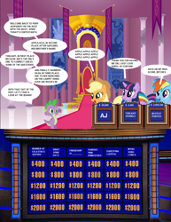 Size: 832x1078 | Tagged: safe, edit, imported from derpibooru, applejack, rainbow dash, spike, twilight sparkle, pegasus, pony, unicorn, banner, carpet, celebrity jeopardy, column, jeopardy, mare, open mouth, room, saturday night live, smiling, throne, throne room, unicorn twilight, wings