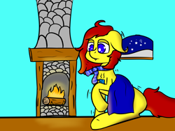 Size: 1600x1200 | Tagged: safe, artist:gamer-shy, imported from derpibooru, oc, oc only, oc:gamershy yellowstar, pony, blanket, blue eyes, cold, fire, fireplace, floppy ears, food, hooked ears, light blue backaground, messy mane, red mane, shivering, snow, snowfall, solo, tea, window, winter, yellow fur