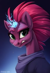 Size: 883x1280 | Tagged: safe, artist:zazush-una, imported from derpibooru, tempest shadow, pony, unicorn, broken horn, bust, clenched teeth, crying, eye scar, female, gritted teeth, horn, magic, mare, portrait, scar, solo, sparking horn