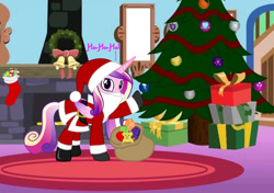 Size: 1024x721 | Tagged: artist needed, safe, imported from derpibooru, princess cadance, alicorn, pony, bag, boots, chimney, christmas, christmas tree, clothes, costume, fake beard, female, fireplace, hat, ho ho ho, holiday, horn, looking at you, mare, present, raised hoof, sack, santa beard, santa claus, santa costume, santa hat, santa hooves, santa sack, shoes, solo, tree, wreath