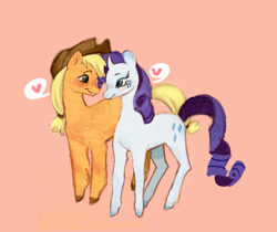 Size: 1042x876 | Tagged: safe, artist:chupapops, imported from derpibooru, applejack, rarity, earth pony, pony, unicorn, blushing, eye contact, female, freckles, green background, heart, lesbian, looking at each other, mare, rarijack, shipping, simple background