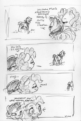 Size: 2183x3243 | Tagged: safe, artist:dilarus, deleted from derpibooru, imported from derpibooru, big macintosh, pinkie pie, rarity, earth pony, pony, unicorn, ..., comic, dialogue, eyes on the prize, female, heart, male, mare, onomatopoeia, simple background, stallion, sweat, traditional art, white background