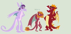 Size: 1024x495 | Tagged: safe, artist:aquadusk, imported from derpibooru, garble, prominence, oc, oc:marcy, dragon, base used, dragoness, female, garbinence, gray background, offspring, parent:garble, parent:prominence, parents:garbinence, shipping, simple background