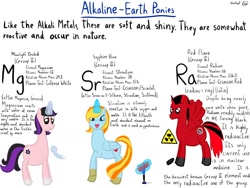 Size: 1032x774 | Tagged: safe, artist:michylawhty, imported from derpibooru, oc, oc only, oc:moonlight orchid, oc:red flare, oc:sapphire blue, alicorn, pegasus, pony, unicorn, alkaline earth metal, magnesium, periodic table, radium, simple background, strontium, white background