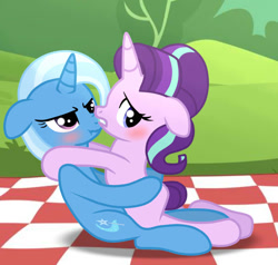 Size: 916x872 | Tagged: safe, artist:missxxfofa123, imported from derpibooru, starlight glimmer, trixie, pony, unicorn, blushing, female, floppy ears, lesbian, mare, nuzzling, scrunchy face, shipping, sitting, startrix