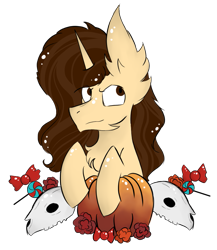 Size: 815x940 | Tagged: safe, artist:hunterthewastelander, imported from derpibooru, oc, oc only, pony, unicorn, candy, chest fluff, commission, ear fluff, flower, food, horn, impossibly large ears, male, pumpkin, simple background, skull, solo, stallion, transparent background, unicorn oc, ych result