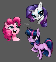 Size: 1024x1133 | Tagged: safe, artist:linaprime, imported from derpibooru, pinkie pie, rarity, twilight sparkle, pony, unicorn, bust, cute, female, gray background, mare, open mouth, portrait, simple background, unicorn twilight