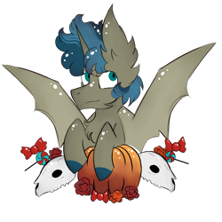 Size: 1000x1000 | Tagged: safe, artist:hunterthewastelander, imported from derpibooru, oc, oc only, alicorn, bat pony, bat pony alicorn, pony, alicorn oc, candy, chest fluff, commission, ear fluff, flower, food, horn, impossibly large ears, male, pumpkin, simple background, skull, solo, spread wings, stallion, transparent background, wings, ych result