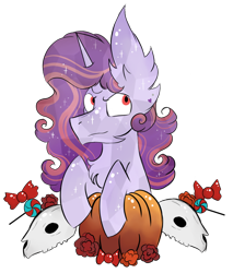 Size: 798x936 | Tagged: safe, artist:hunterthewastelander, imported from derpibooru, oc, oc only, oc:affinity heart, crystal pony, pony, unicorn, candy, chest fluff, commission, ear fluff, female, flower, food, horn, impossibly large ears, mare, pumpkin, simple background, skull, solo, transparent background, unicorn oc, ych result