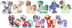 Size: 3117x1248 | Tagged: safe, artist:shelbi-cat, imported from derpibooru, princess flurry heart, oc, oc:aurora rays, oc:callie le gata, oc:cranberry lemonade, oc:gala shield, oc:green apple, oc:indigo, oc:orchard blossom, oc:sodalite jazz, oc:storm shower, oc:sucker punch, alicorn, cat, cat pony, dragon, earth pony, hybrid, original species, pegasus, pony, unicorn, dragon oc, female, goggles, interspecies offspring, magical gay spawn, mare, next generation, offspring, parent:applejack, parent:big macintosh, parent:bulk biceps, parent:capper, parent:capper dapperpaws, parent:flash sentry, parent:fluttershy, parent:princess cadance, parent:princess ember, parent:rarity, parent:shining armor, parent:soarin', parent:spike, parent:sunset shimmer, parents:cadmac, parents:capperity, parents:emberspike, parents:flashimmer, parents:flutterbulk, parents:shiningmac, parents:soarinjack, parents:tempestpie, raised hoof, simple background, smiling, transparent background, unshorn fetlocks