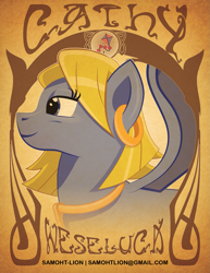 Size: 1275x1650 | Tagged: safe, artist:samoht-lion, imported from derpibooru, pegasus, pony, bust, cathy weseluck, ear piercing, earring, female, jewelry, mare, necklace, piercing, ponified, solo, text