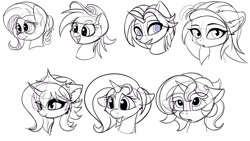 Size: 3840x2160 | Tagged: safe, artist:flufflepimp, imported from derpibooru, pony, unicorn, bust, expressions, female, heart eyes, learning to draw, lineart, mare, simple background, sketch, sketch dump, tongue out, white background, wingding eyes