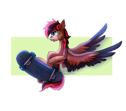 Size: 3600x3200 | Tagged: safe, artist:ghst-qn, imported from derpibooru, oc, oc only, pegasus, pony, abstract background, bipedal, midair, misleading thumbnail, profile, skateboard, solo, spread wings, wings