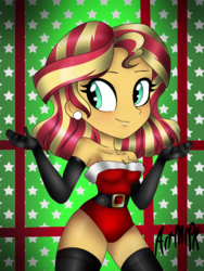 Size: 1536x2048 | Tagged: safe, artist:artmlpk, imported from derpibooru, sunset shimmer, equestria girls, alternate hairstyle, bare shoulders, belt, blushing, boots, breasts, christmas, christmas outfit, cleavage, clothes, cute, ear piercing, earring, evening gloves, female, gloves, hips, holiday, jewelry, leotard, long gloves, looking at you, looking back, piercing, shimmerbetes, shoes, short hair, smiling, smirk, socks, solo, thigh boots, thigh highs, thighs