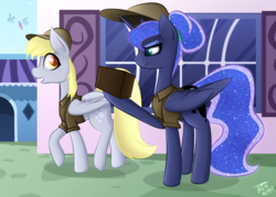 Size: 5863x4200 | Tagged: safe, artist:kids-in-the-corner, artist:those kids in the corner, imported from derpibooru, derpy hooves, princess luna, alicorn, pegasus, pony, between dark and dawn, alternate hairstyle, annoyed, box, bun, canterlot, clothes, duo, duo female, female, hair bun, happy, hat, kite, mailmare, profile, that pony sure does love the post office, uniform, walking