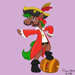 Size: 5000x5000 | Tagged: safe, artist:amynewblue, imported from derpibooru, oc, oc only, oc:peatmoss, earth pony, pony, barrel, cider, commission, pirate, seabronies, solo