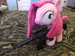 Size: 4032x3024 | Tagged: safe, imported from derpibooru, pinkie pie, earth pony, pony, derp, female, grin, gun, insanity, irl, mare, photo, pinkamena diane pie, ponies in real life, ponies with guns, rifle, smiling, solo, weapon, wide eyes