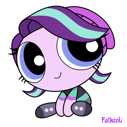 Size: 2100x2100 | Tagged: safe, artist:fathzoli, imported from derpibooru, starlight glimmer, equestria girls, cute, digital art, female, glimmerbetes, powerpuff girls 2016, powerpuffified, simple background, sitting, solo, the powerpuff girls, wide eyes