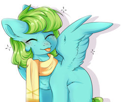 Size: 3155x2619 | Tagged: safe, artist:pledik808, artist:pledus, imported from derpibooru, oc, oc only, oc:daisy chain, pegasus, pony, :p, chest fluff, clothes, eyes closed, female, freckles, mare, scarf, simple background, solo, tongue out, white background