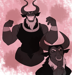 Size: 808x840 | Tagged: safe, artist:teanorthlight, imported from derpibooru, lord tirek, centaur, adorabolical, beard, bracer, cute, doodle, evil grin, facial hair, fangs, grin, horns, looking at you, male, nose piercing, nose ring, piercing, septum piercing, shackles, smiling, solo, tirebetes