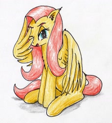 Size: 1671x1829 | Tagged: safe, artist:40kponyguy, derpibooru exclusive, imported from derpibooru, fluttershy, pegasus, pony, ear fluff, facewing, female, looking at you, one eye closed, reaction image, simple background, solo, traditional art, white background, wing hands, wings