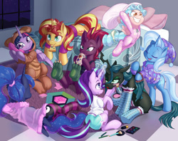 Size: 1600x1266 | Tagged: safe, artist:dstears, imported from derpibooru, cozy glow, princess luna, queen chrysalis, starlight glimmer, sunset shimmer, tempest shadow, trixie, twilight sparkle, alicorn, changeling, changeling queen, pegasus, pony, unicorn, equestria girls, a better ending for chrysalis, a better ending for cozy, angry, broken horn, brushing, clothes, costume, cozybetes, cute, cutealis, diatrixes, digital art, drink, evil grin, eye scar, eyes closed, female, filly, foal, food, footed sleeper, glimmerbetes, glowing, glowing horn, go-karting with bowser, grin, horn, imminent pillow fight, kigurumi, levitation, lipstick, lunabetes, lying down, madorable, magic, magic aura, makeover, makeup, mare, mouth hold, pajamas, pajamas party, party, paw socks, phone, pillow, pillow fight, pizza, queen chrysalis is not amused, scar, shimmerbetes, sitting, sleepover, slumber party, smiling, socks, striped socks, telekinesis, tempestbetes, thigh highs, twiabetes, twilight sparkle (alicorn), unamused, wall of tags