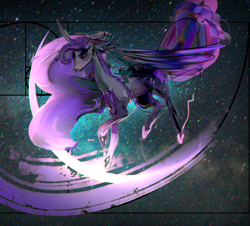 Size: 3052x2753 | Tagged: safe, artist:alumx, imported from derpibooru, part of a set, princess luna, alicorn, pony, chromatic aberration, curved horn, error, female, fibonacci spiral, glitch, golden ratio, horn, missing accessory, solo, space, vent art