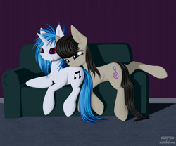 Size: 2700x2250 | Tagged: safe, artist:styroponyworks, imported from derpibooru, dj pon-3, octavia melody, vinyl scratch, pony, couch, female, lesbian, scratchtavia, shipping