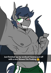 Size: 708x1006 | Tagged: safe, artist:redxbacon, imported from derpibooru, oc, oc only, oc:chase cartwheel, anthro, bat pony, armpits, blushing, clothes, dork, emoji, fangs, gym clothes, looking at you, male, muscles, one eye closed, partial nudity, selfie, smiling, solo, topless, wink