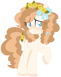 Size: 657x831 | Tagged: safe, imported from derpibooru, oc, oc only, oc:buttercup, earth pony, pony, blushing, buttercup, curly hair, female, flower, flower in hair, freckles, mare, shy, smiling, solo