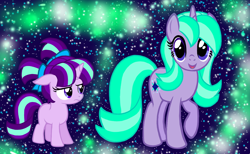 Size: 1300x800 | Tagged: safe, artist:katya, imported from derpibooru, starlight glimmer, pony, daughter, female, filly, filly starlight glimmer, lights, like mother like daughter, like parent like child, mother, mother and daughter, night, younger